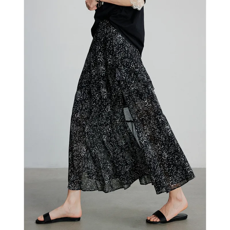Initial Language Casual Long Skirt Women's Black With White Floral-4