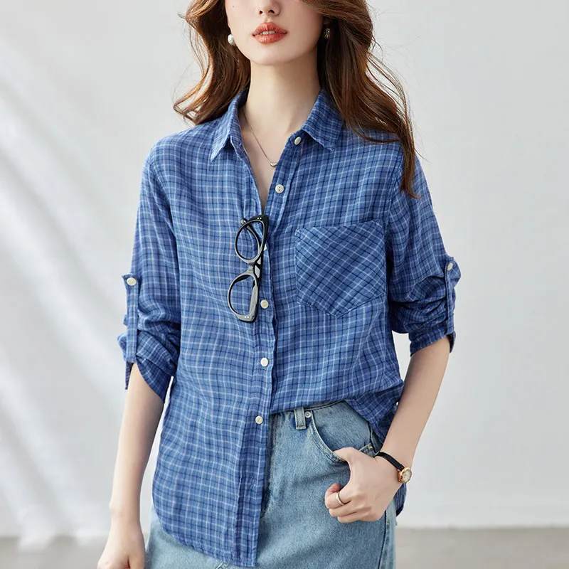 ONE SHALLOW Shirt Women's Small Blue Plaid-4