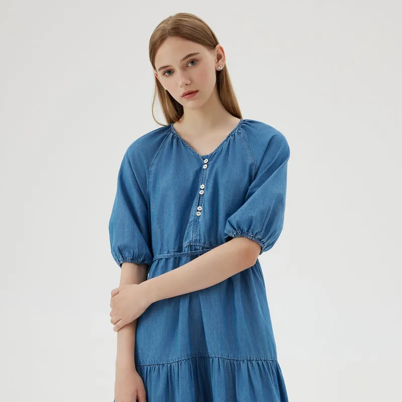 E.land Short-Sleeved Dresses Women's Medium Denim-4