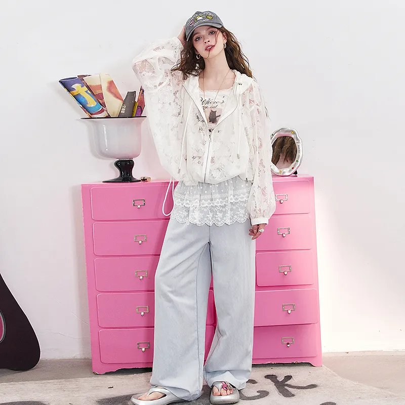 ELF SACK Cropped Coat Women's Lace Ecru-5