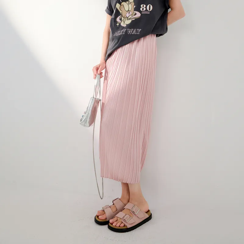 3COLOUR Casual Long Skirts Women's Peach Pink-4
