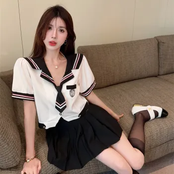 XIANSINIAO Two Piece Skirt Sets Women's White Shirt With Free Tie+Pleated Skirt