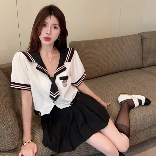 XIANSINIAO Two Piece Skirt Sets Women's White Shirt With Tie+Pleated Skirt