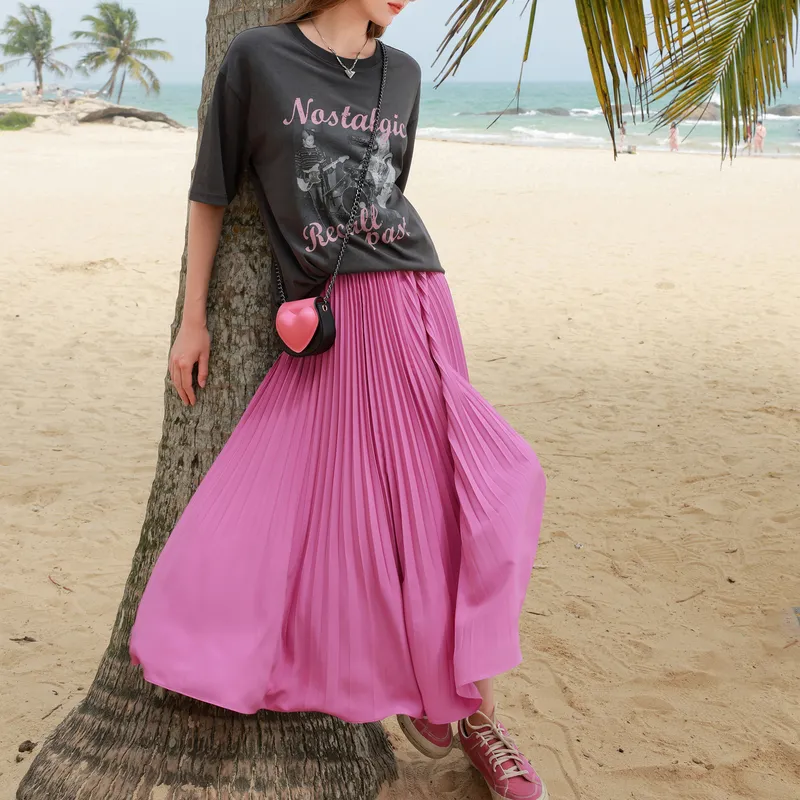 3COLOUR Casual Long Skirts Women's Rose Red-3