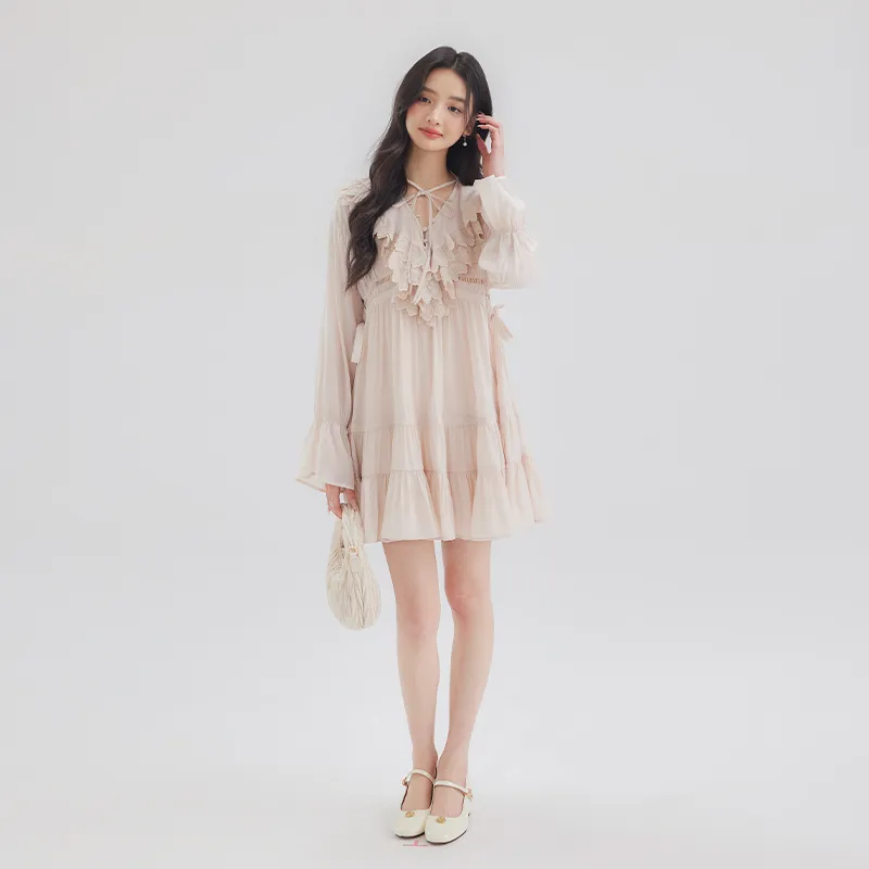 DEAR DEER PUFF Long Sleeved Dress Women's Pink-5
