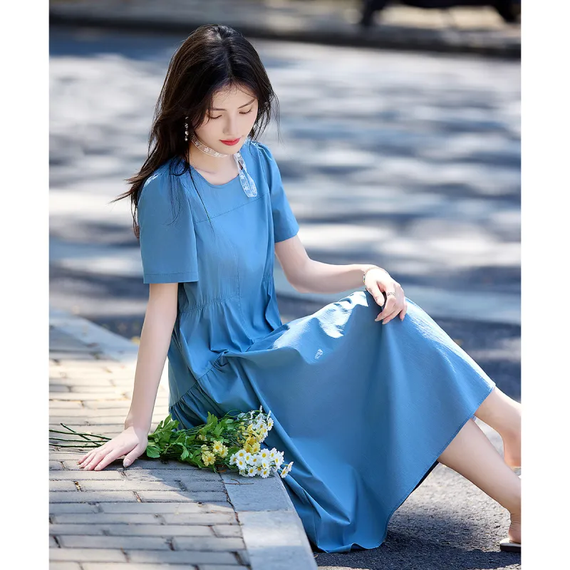 Still Quiet Short Sleeved Dress Women's Xizi Blue-1