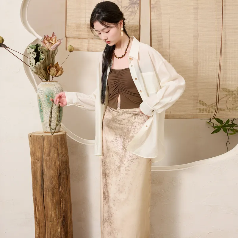 3COLOUR Casual Long Skirt Women's Khaki-6