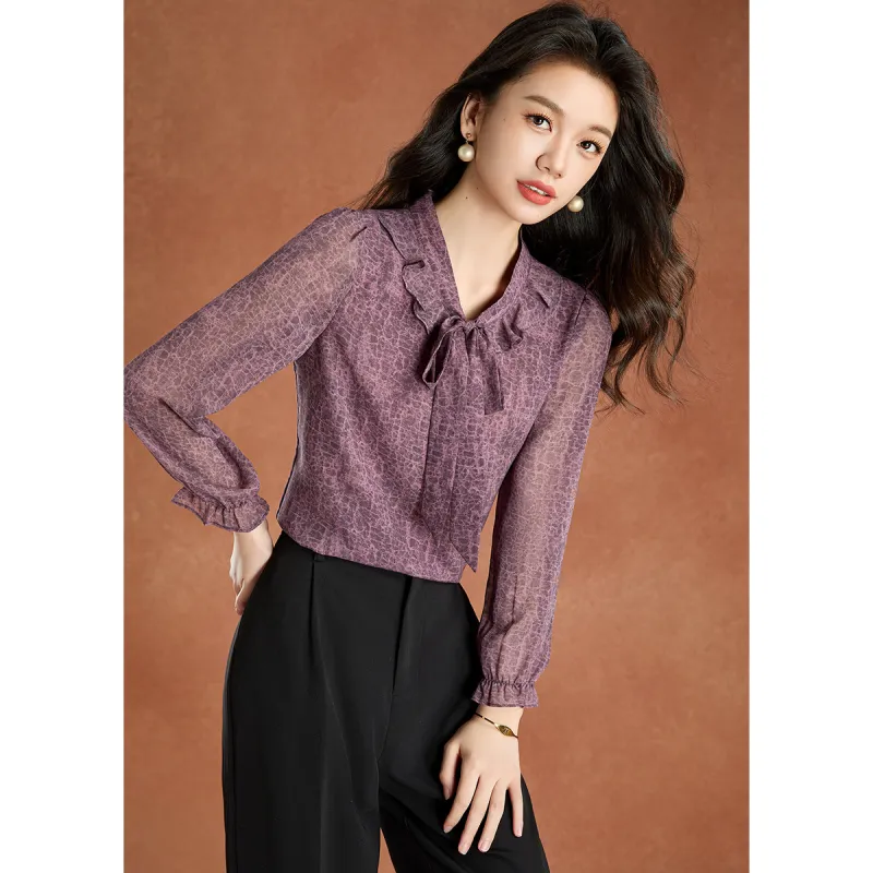 Mylan Spring, Fall Chiffon Shirt Women's Purple Flower-5