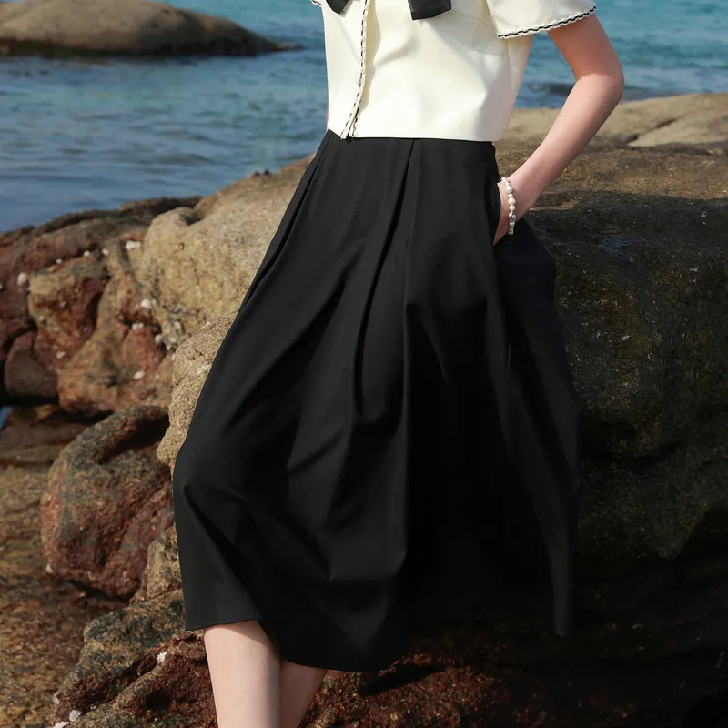 3COLOUR Casual Long Skirts Women's Black-4