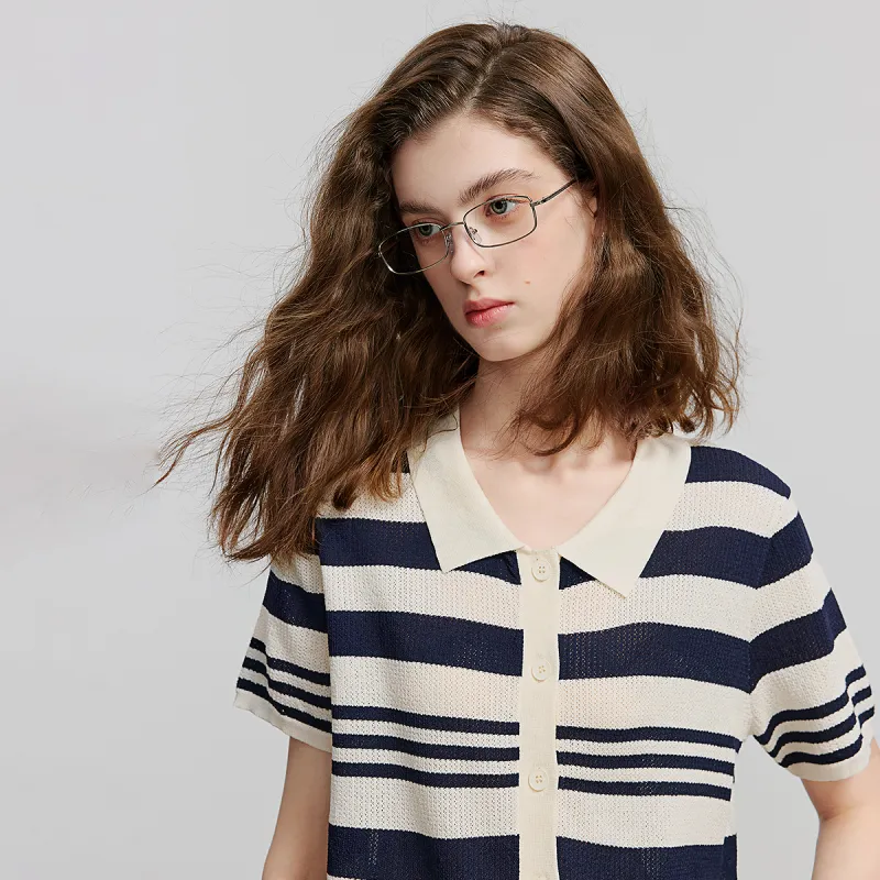 Initial Language Knitwear Women's Navy Blue Ecru Stripes-4