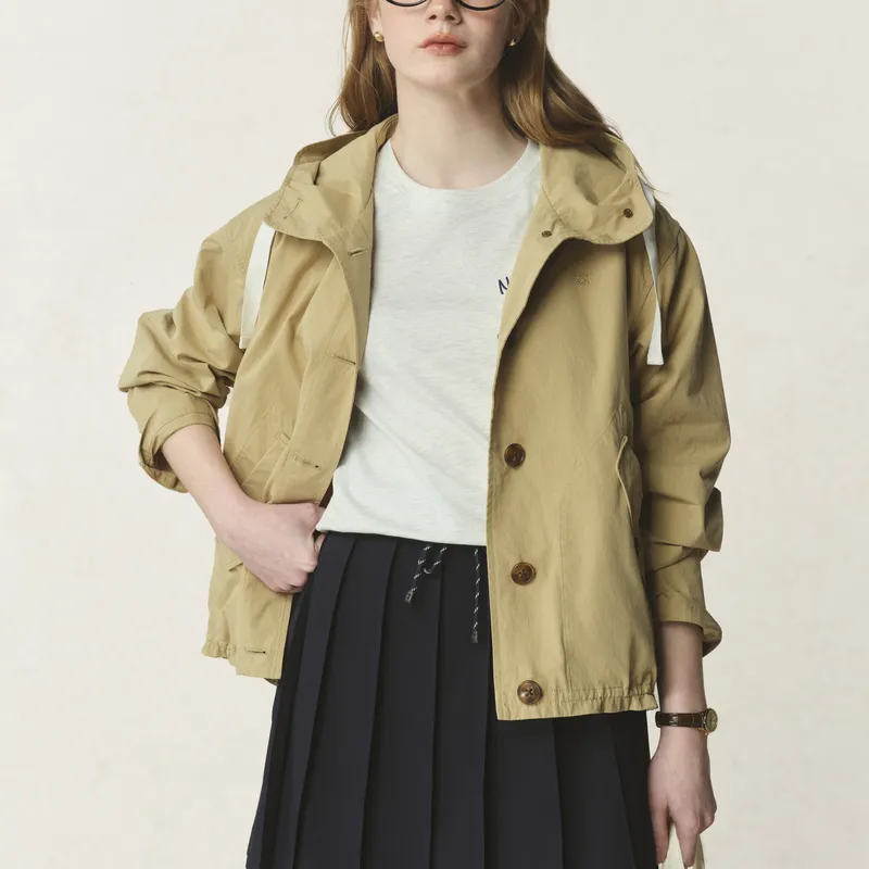 E.land Cropped Coat Women's Light Army Green 491Khaki-2