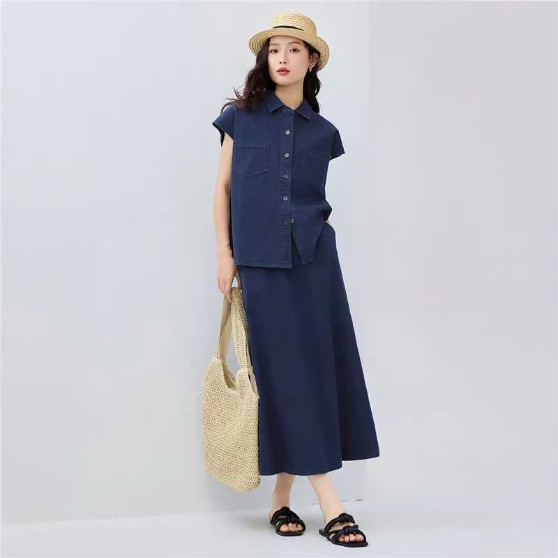 UNIQLO Denim Long Skirt Women's 71 Dark Blue-6
