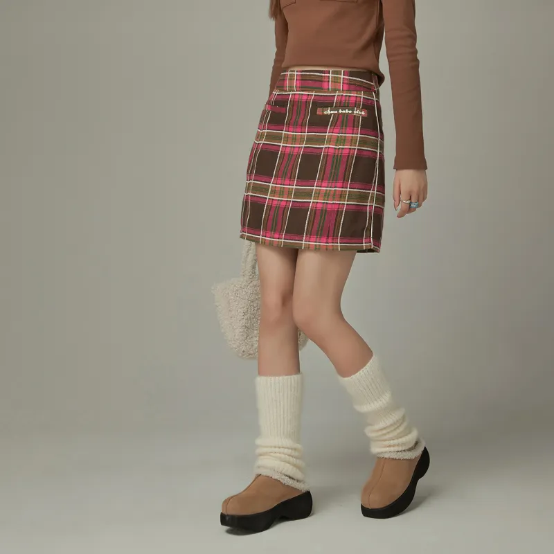 CHUU Casual Short Skirts Women's Pink Plaid-2