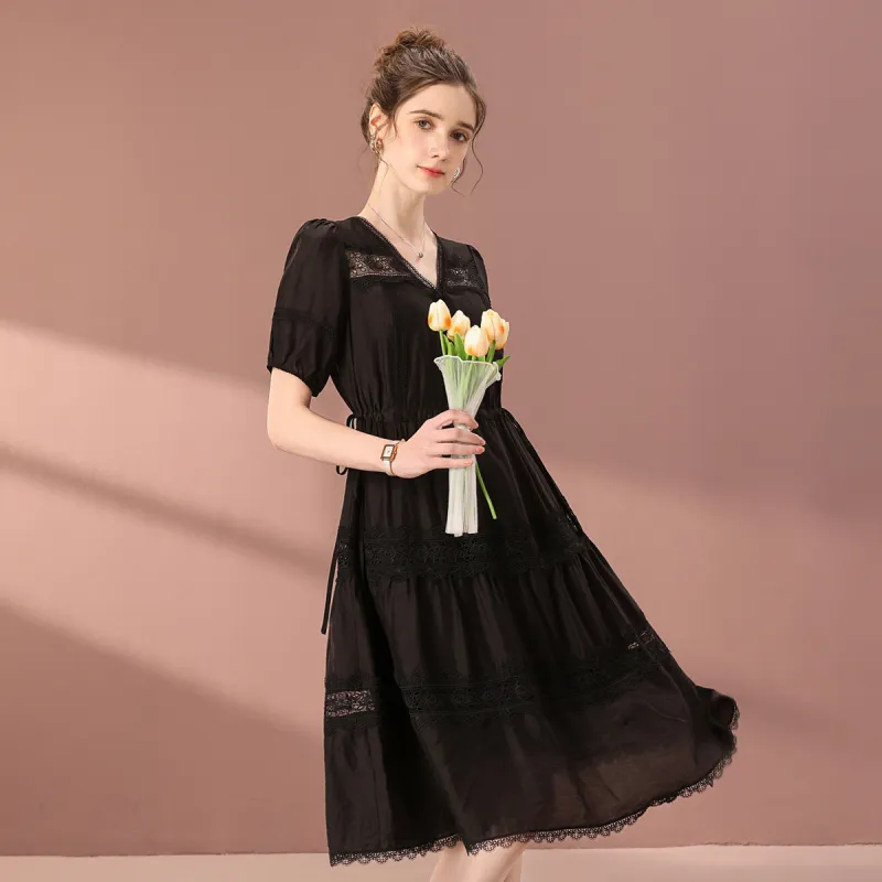 FENHONGMALI Short Sleeved Dresses Women's Black-3