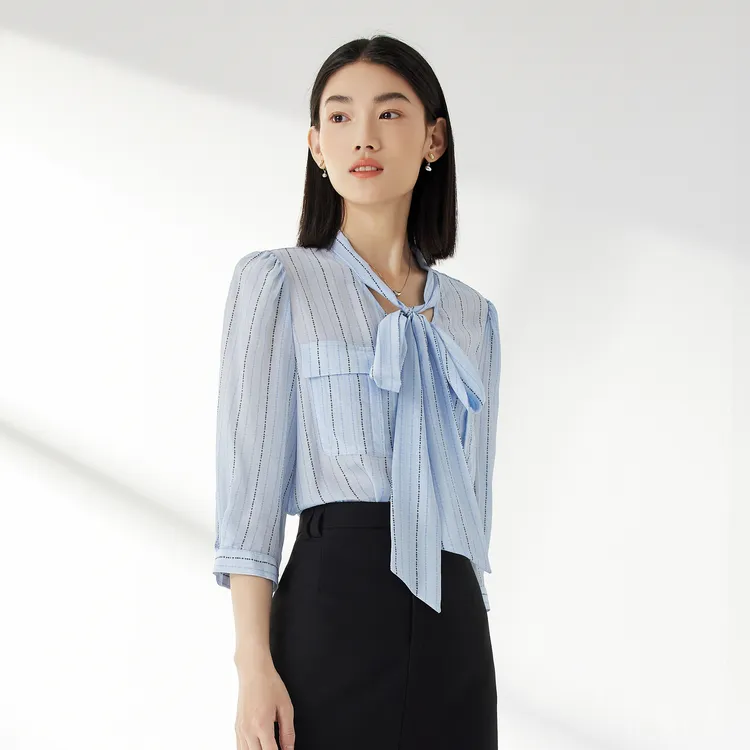 SHUIYUNJIAN Shirts Women's Light Blue Stripes-3