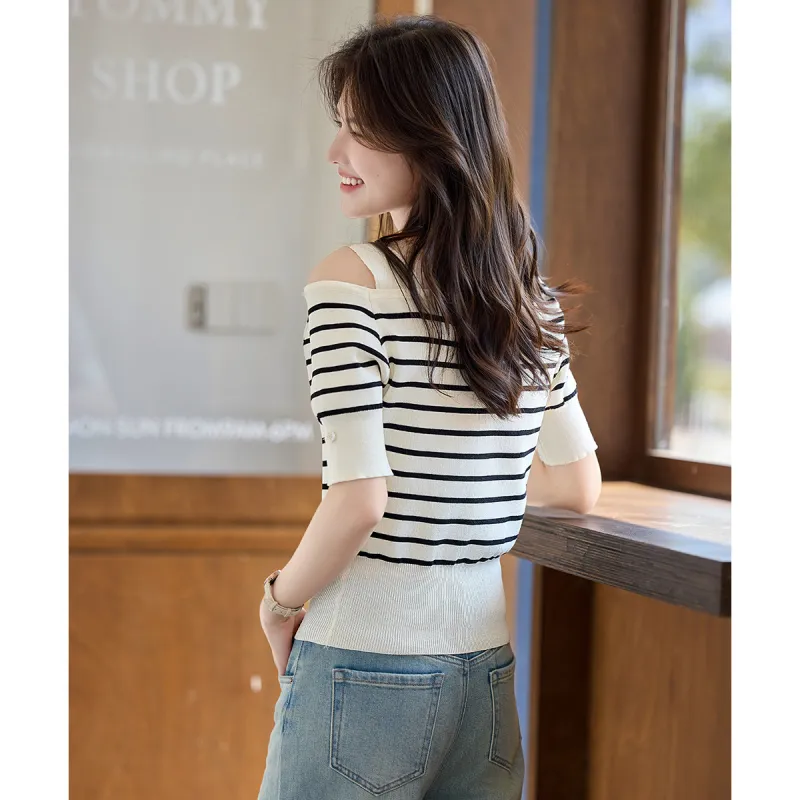 Still quiet T Shirts Women's Beige Stripes-4