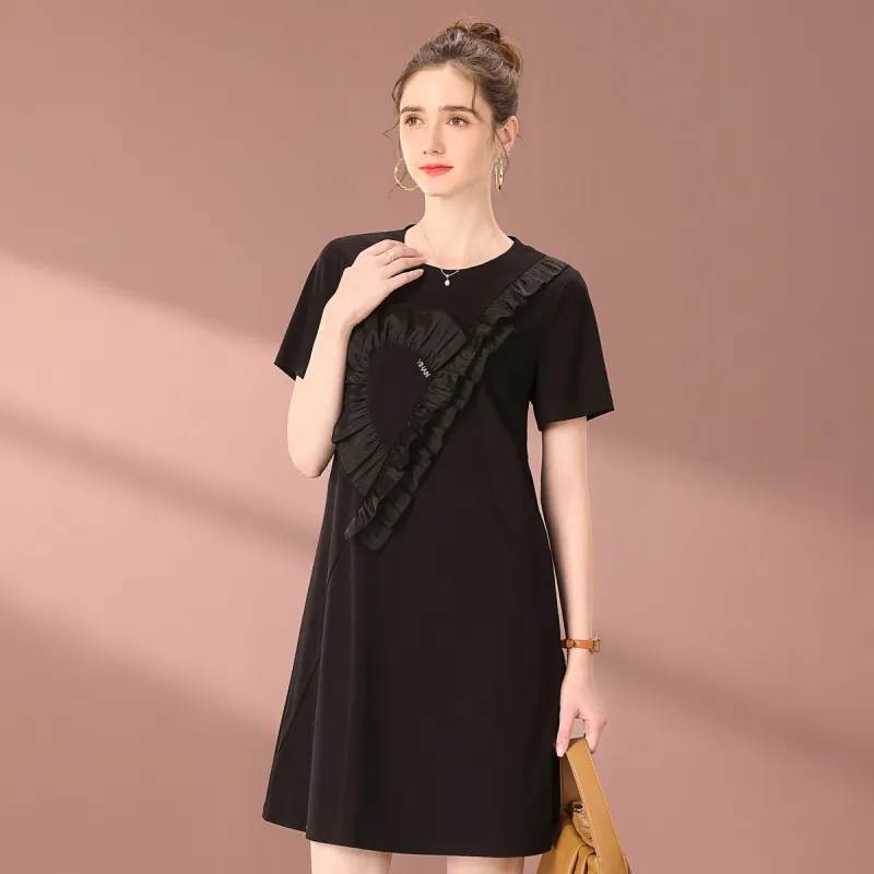 FENHONGMALI Short Sleeved Dress Loose Fit Women's Black-2