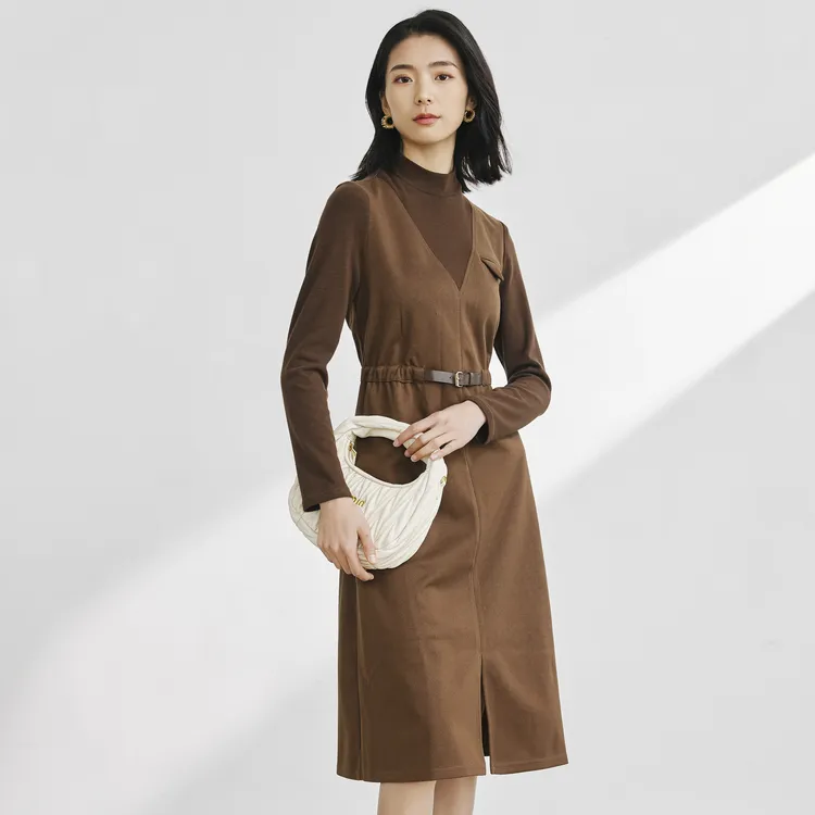 SHUIYUNJIAN Long Sleeved Dresses Women's Coffee-3