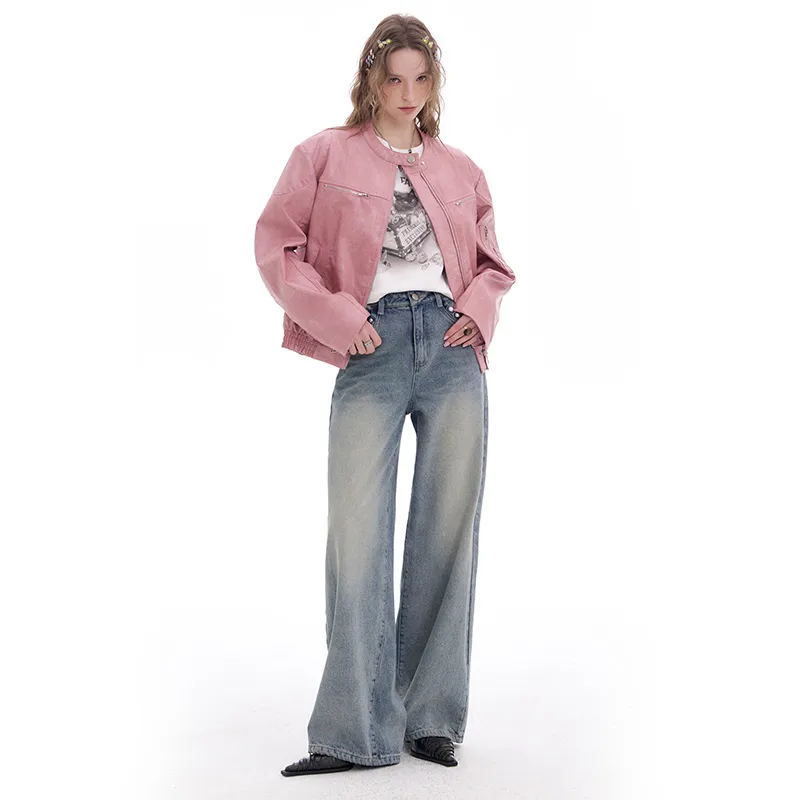 ELF SACK Leather Jacket Women's Urban Chic Style Pink-4