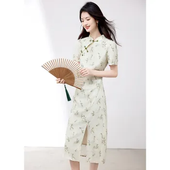 XINFEIYU Short Sleeved Dresses Women's Bamboo Green