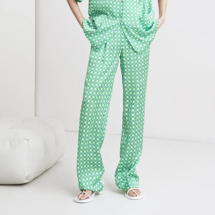 MO&CO Casual Pants Women's Green White Plaid-2