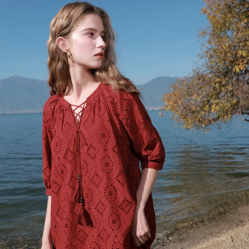 3COLOUR Long Sleeved Dress Women's Cherry Red-3