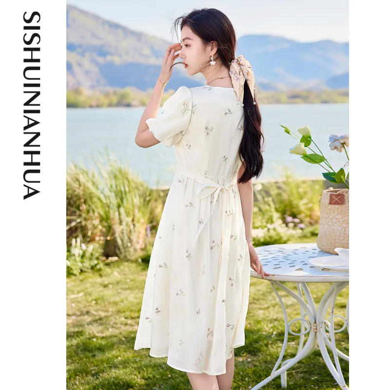 Like The Age Of Water Short Sleeved Dress Women's Beige-3