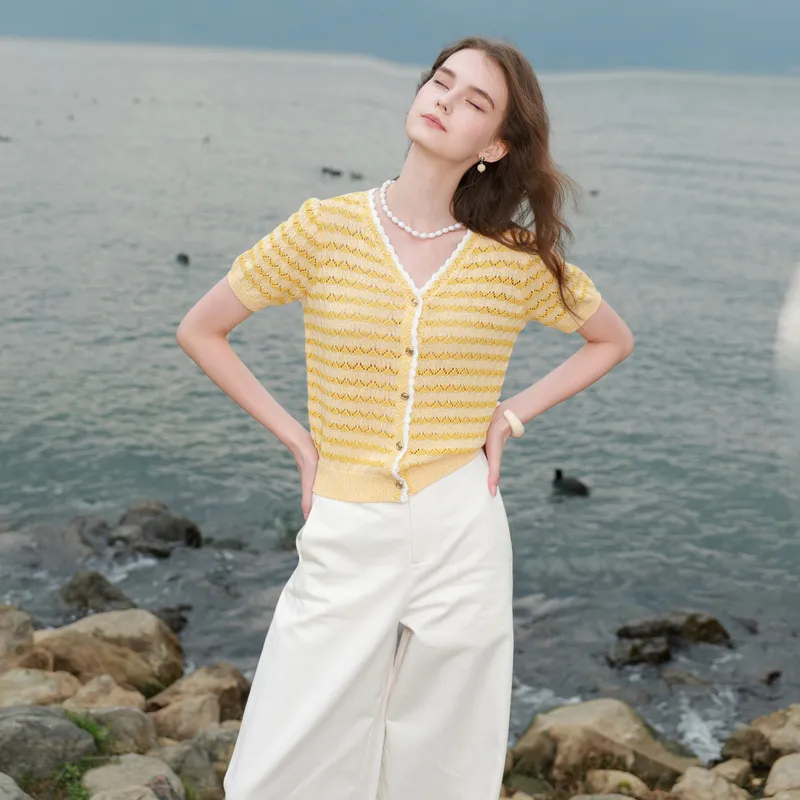 3COLOUR Knitwear Women's Light Yellow Stripes-4