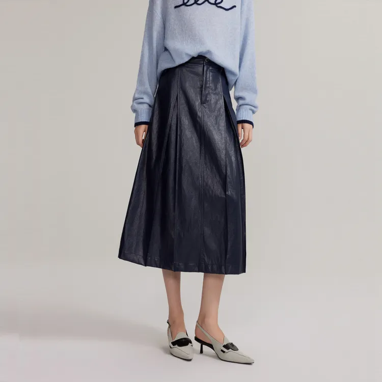 ELLE Leather Long Skirts Women's Navy Blue-3