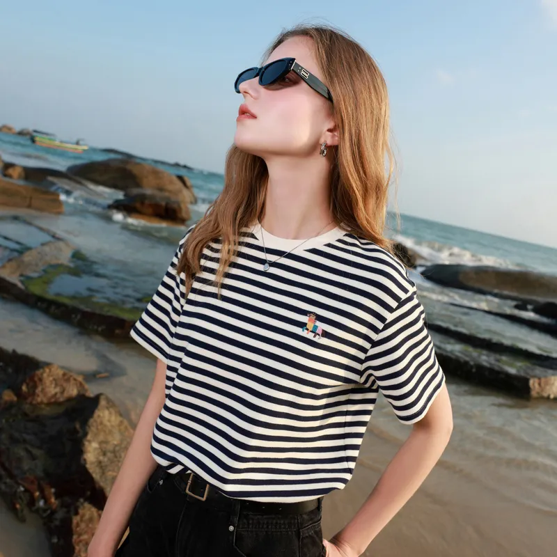 3COLOUR T Shirt Women's Navy Blue Stripes-3