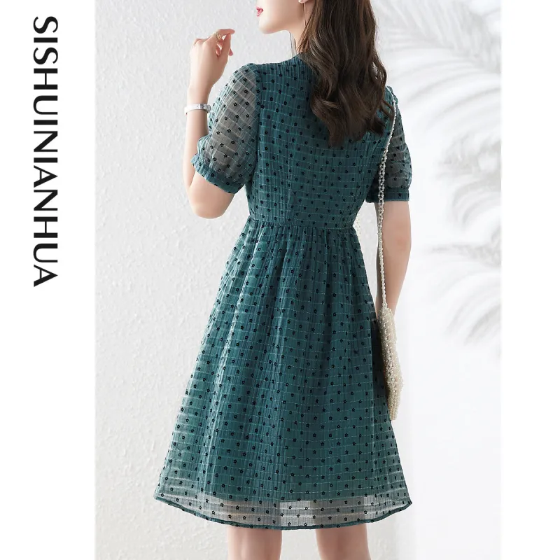 Like The Age Of Water Short Sleeved Dress Loose Fit Women's Blue Green-5