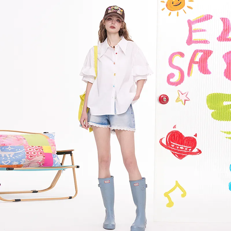 ELF SACK Denim Shorts Women's Lace Denim Blue-4