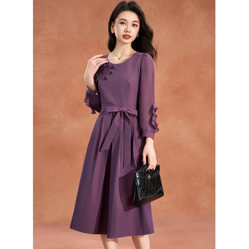 Mylan Spring, Summer, Fall Long Sleeved Dress Cinched Waist Women's Purple-4