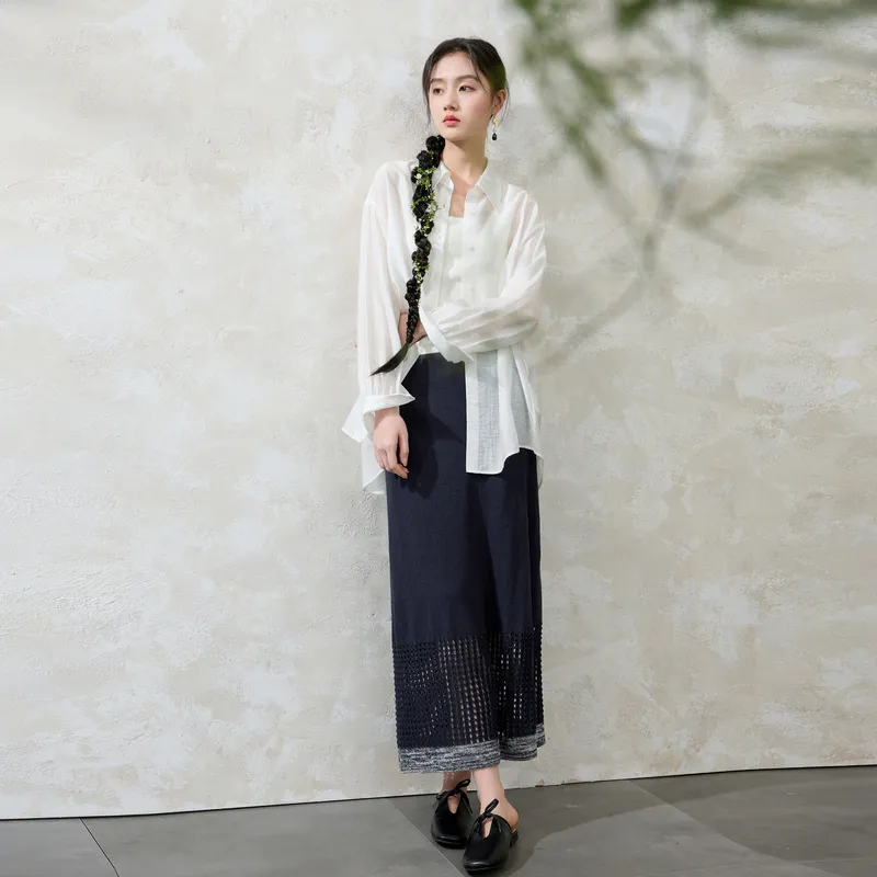 3COLOUR Casual Long Skirt Women's Navy Blue-3