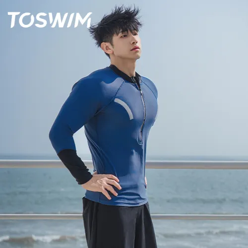 TOSWIM Men's Swimwear Men's [Silver Navy Blue]Top+Swimming Shorts