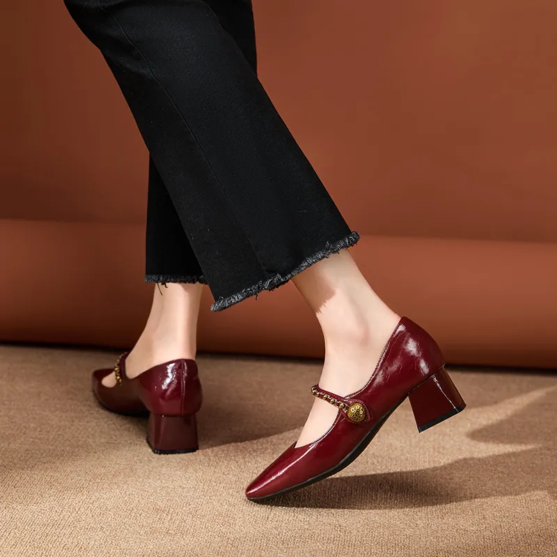 WESTLINK Square Toe Chunky Heel Retro Texture Metal Chain Mary Jane High Heels Unlined Shoes Women's-12