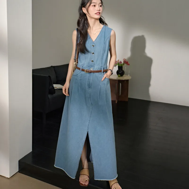KUOSE Sleeveless Dress Women's Blue-2