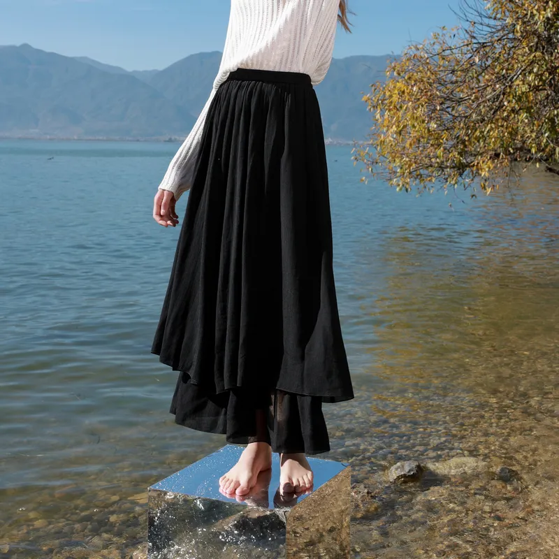 3COLOUR Casual Long Skirt Women's Classic Black-2