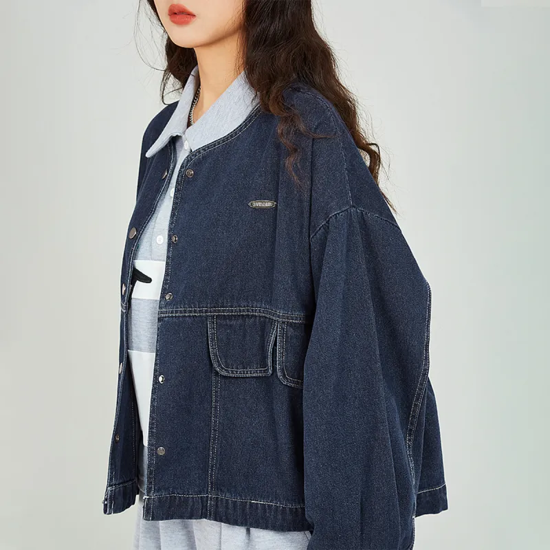 MUGUOGUOMU Denim Jacket Women's Dark Denim Blue-1
