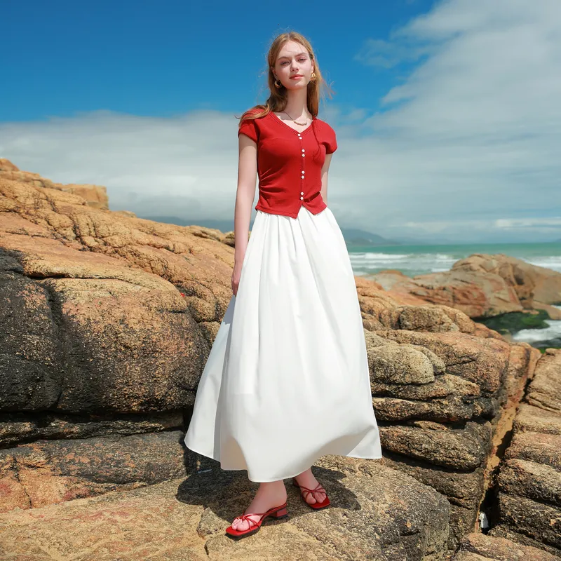 3COLOUR Casual Long Skirt Women's Ecru-4