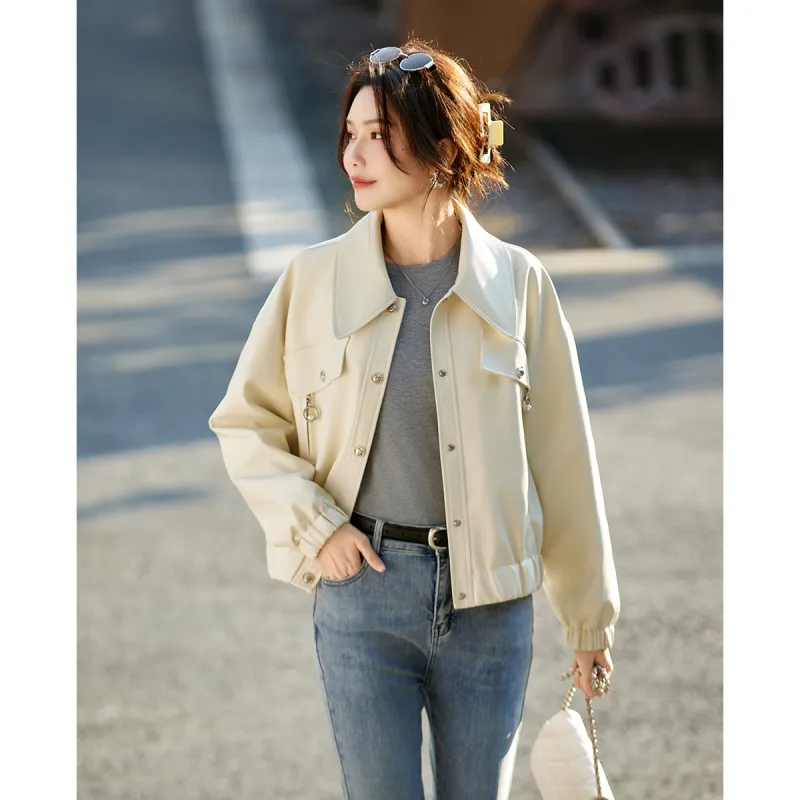 TERRE BLEUE Leather Jacket Women's Ecru-1