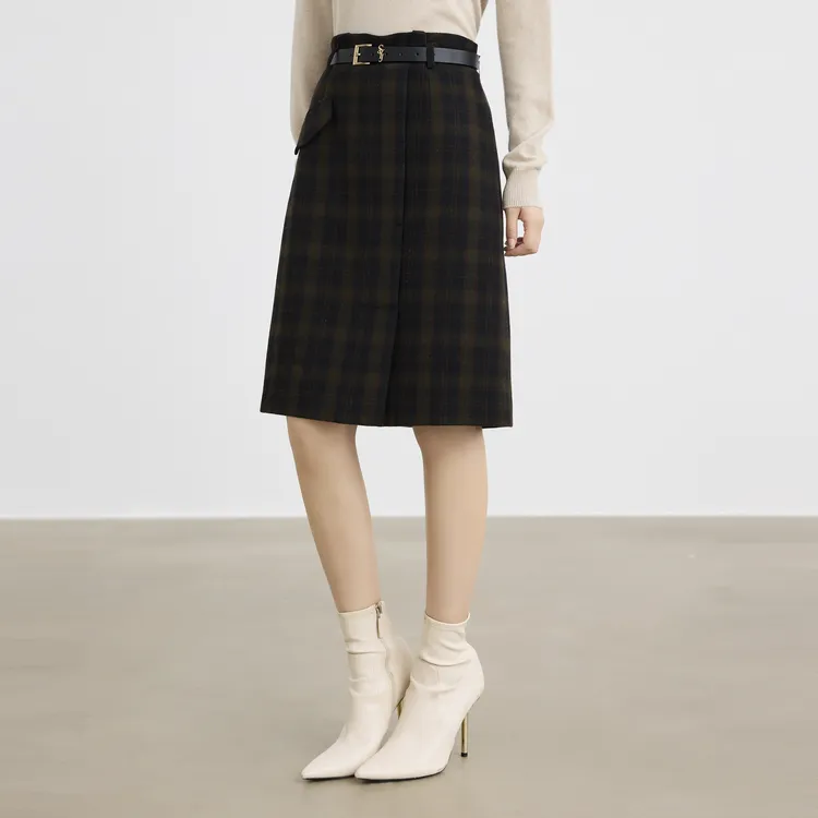 SHUIYUNJIAN Casual Long Skirts Women's Navy Blue Plaid-3