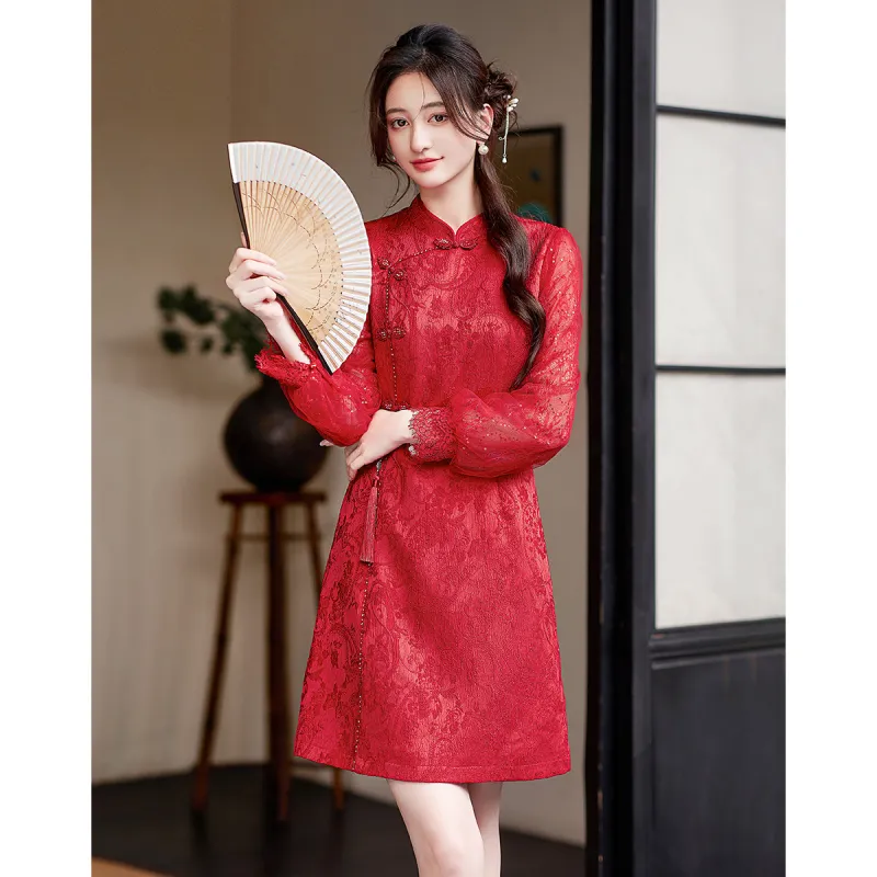 Like The Age Of Water Short Sleeved Dress Loose Fit Women's Red-2