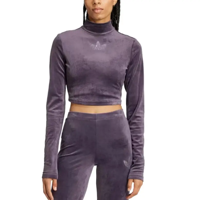 Adidas Women's Long Sleeve Rhinestone Trefoil Velvet Crop Top Aurora Black-1