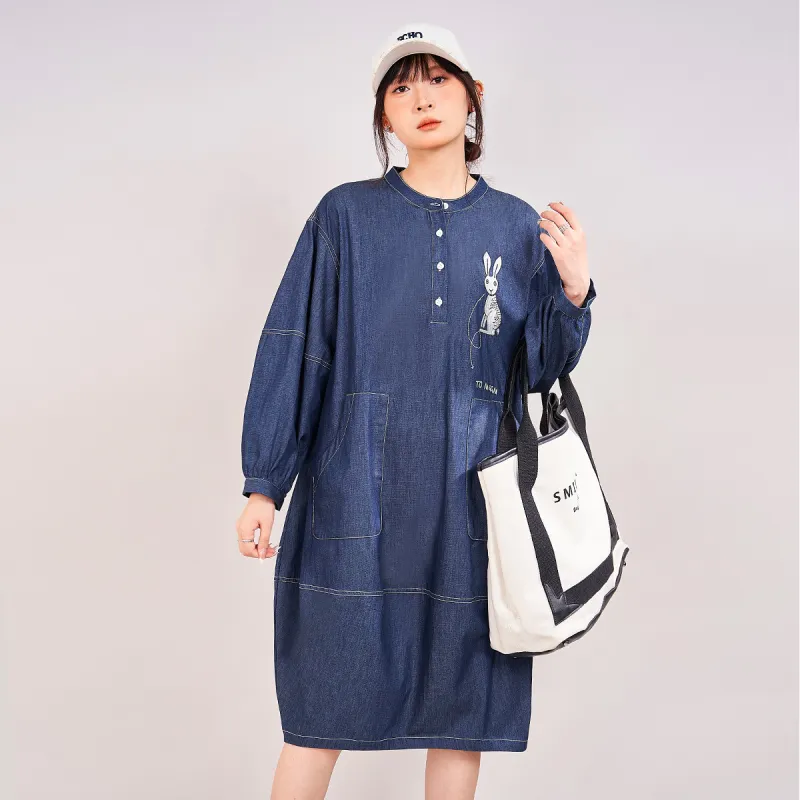 MUGUOGUOMU Long Sleeved Dresses Women's Denim Blue-1