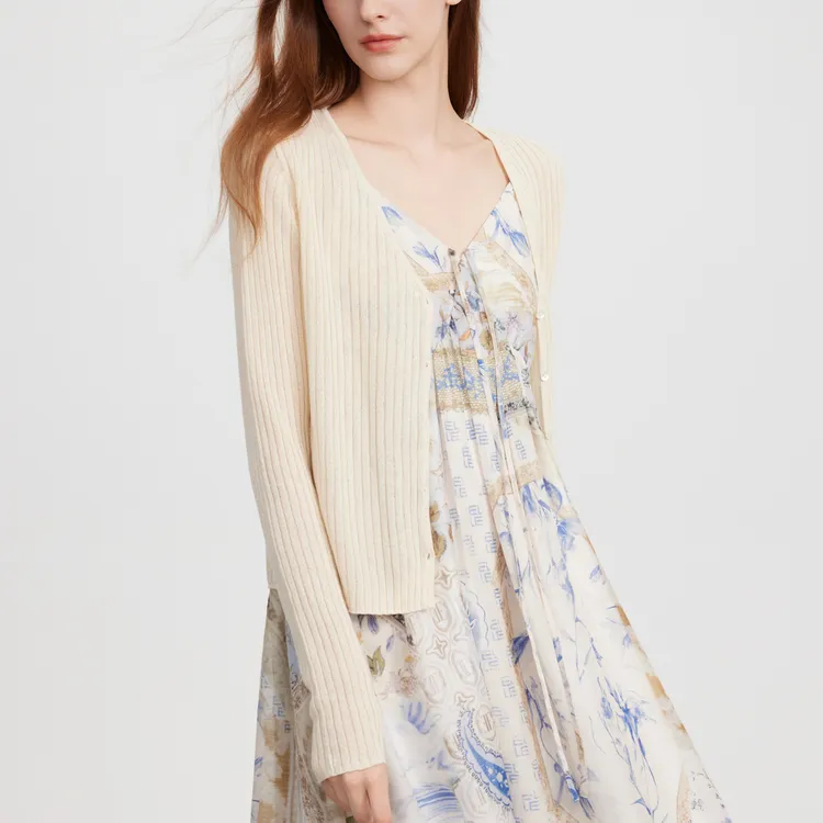 ELLE French Minimalist Style Lightweight V Neck Knitted Fabric Cardigan Women's-3
