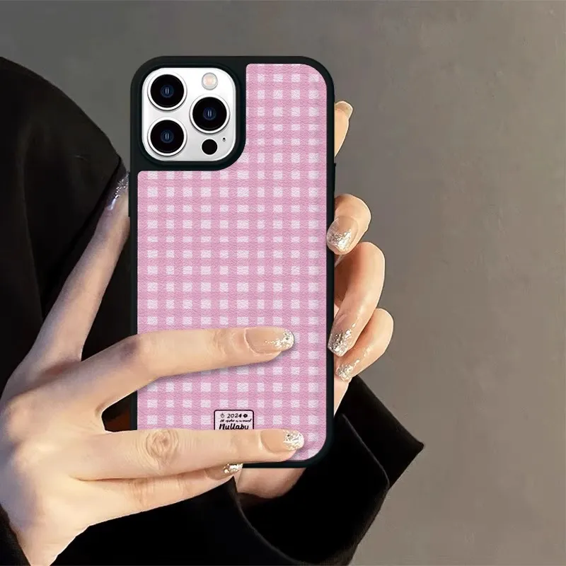 Sopi Leather Material Leather Texture Pink Plaid Phone Cases Compatible With IPhone 16/15 Pro Max/Apple 13/14 Pro/Max-1