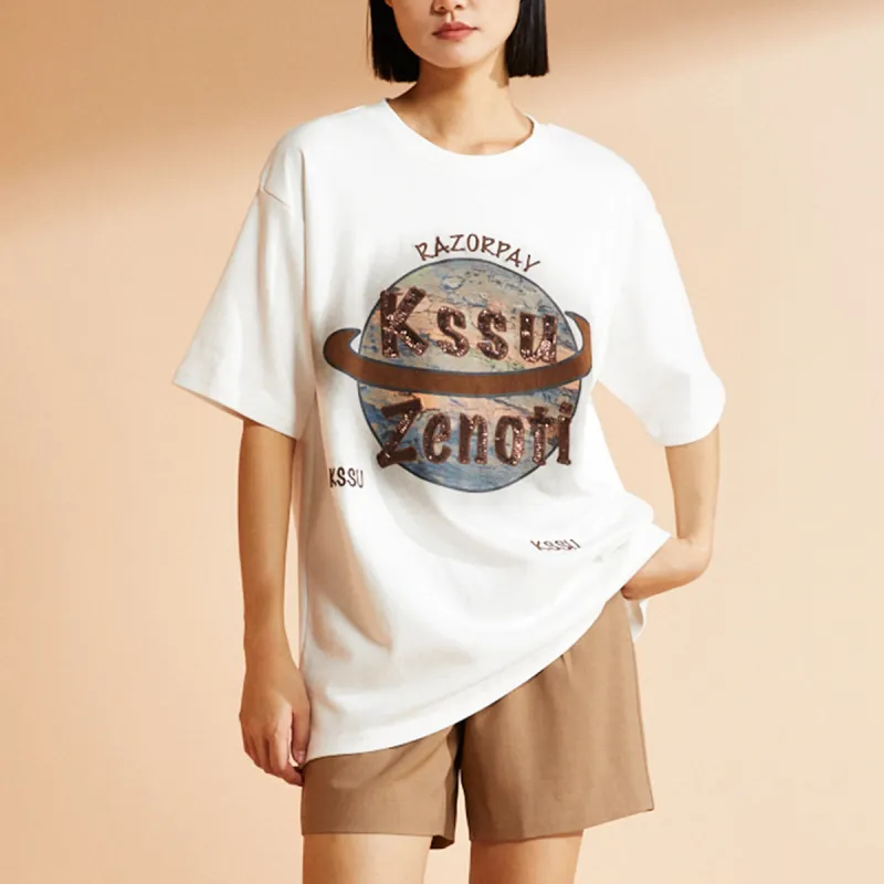 IVENI Spring, Summer Regular T Shirt Women's Pearl White Loose Fit-1