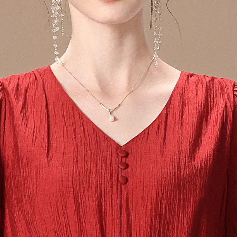 FENHONGMALI Short Sleeved Dresses Women's Red-4