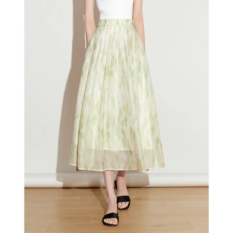 Initial Language Casual Long Skirt Women's Mugwort Green-3
